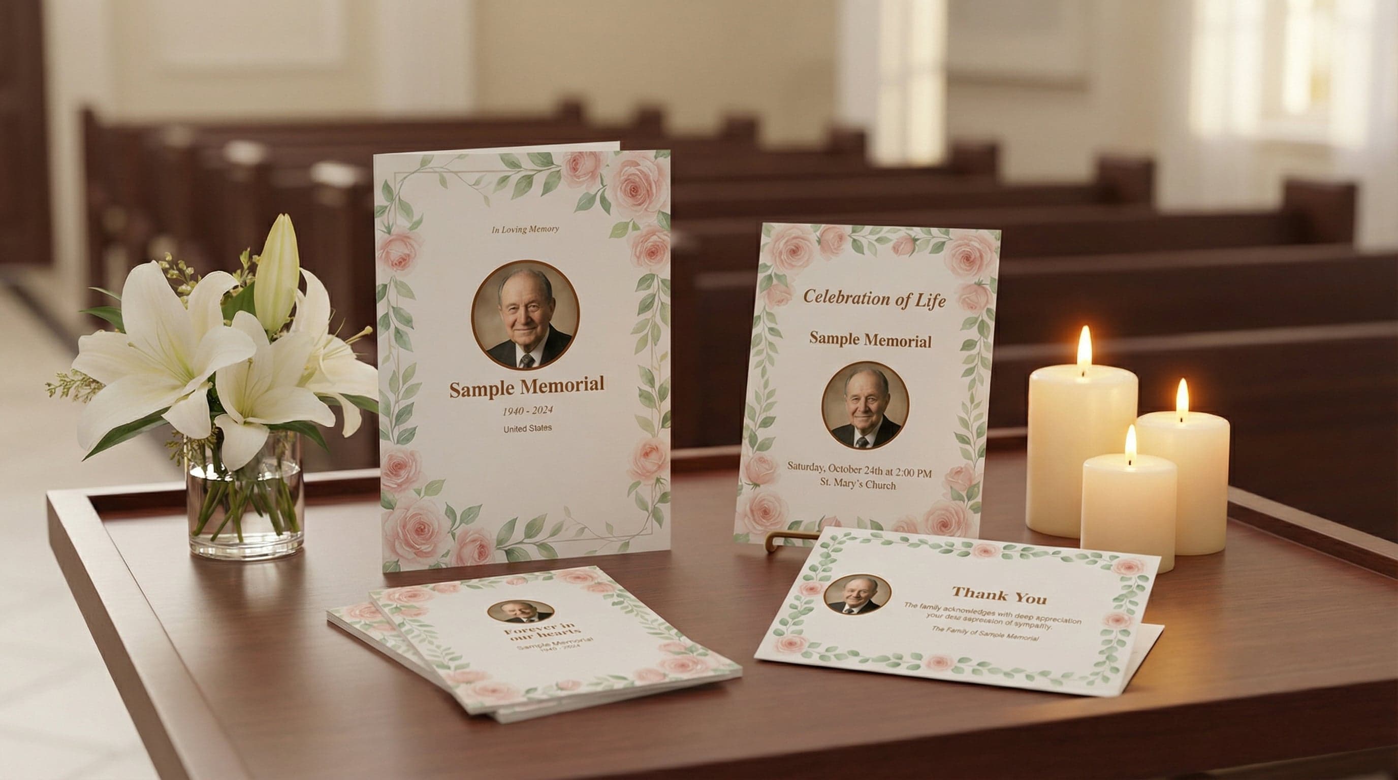 Complete memorial package with coordinated funeral programs, prayer cards, and invitations